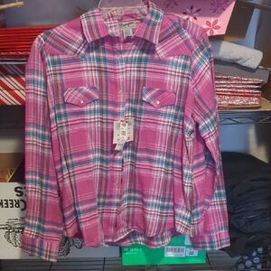 Wrangler Women's Pink and Blue Plaid Button Down Shirt